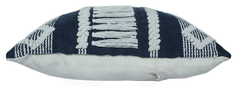 20" Blue And White Striped Cotton Blend Throw Pillow Cover with Embroidery And Texture