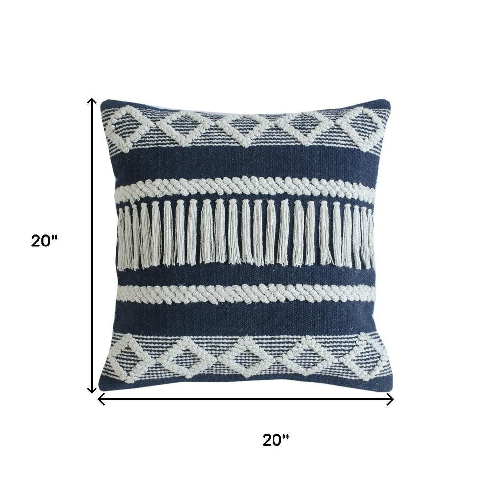 20" Blue And White Striped Cotton Blend Throw Pillow Cover with Embroidery And Texture
