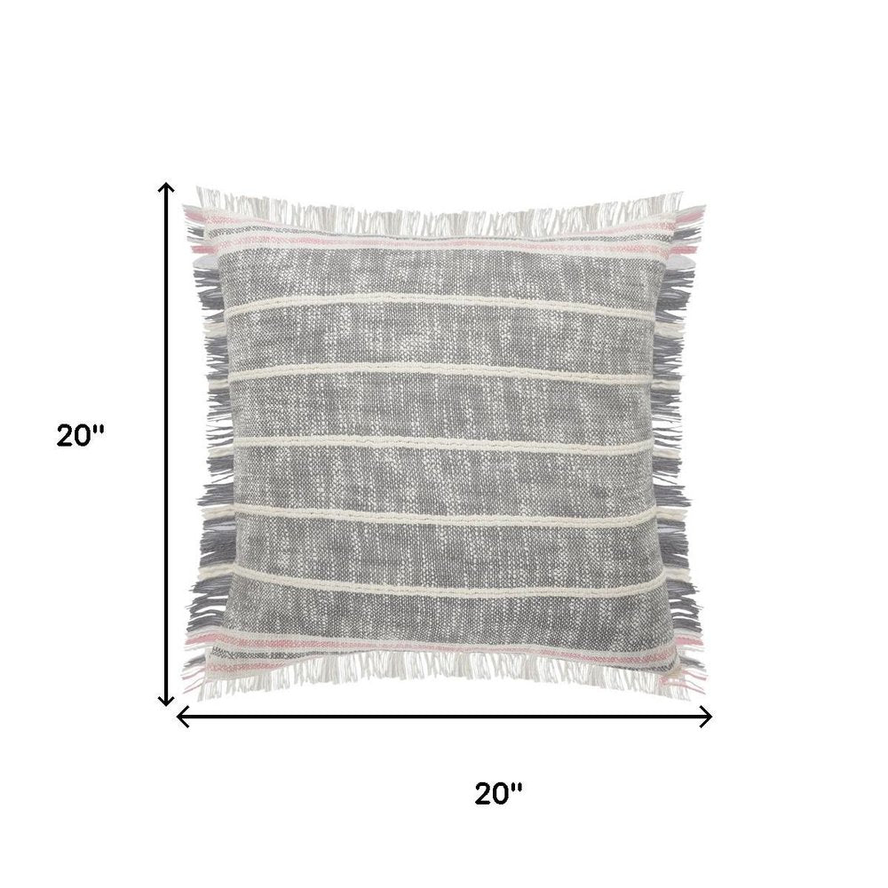 20" Gray And Pink Striped Cotton Throw Pillow Cover with Fringe