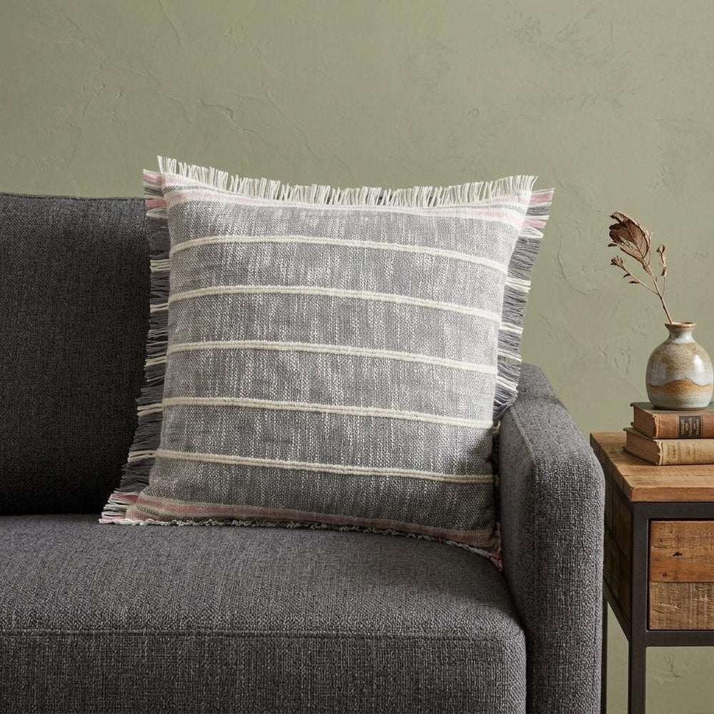 20" Gray And Pink Striped Cotton Throw Pillow Cover with Fringe