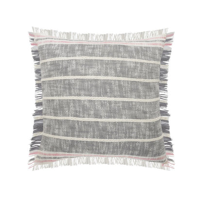 20" Gray And Pink Striped Cotton Throw Pillow Cover with Fringe