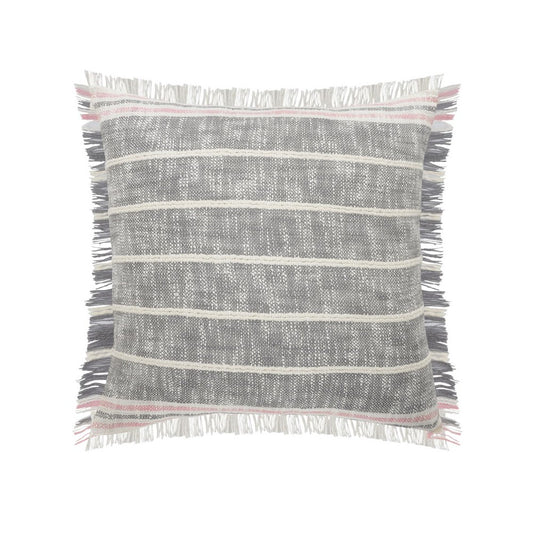 20" Gray And Pink Striped Cotton Throw Pillow Cover with Fringe