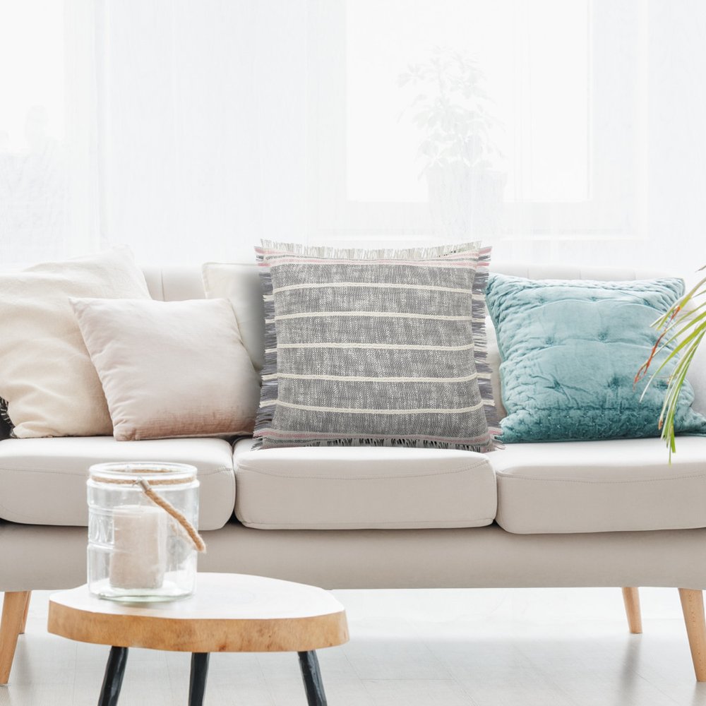 20" Gray And Pink Striped Cotton Throw Pillow Cover