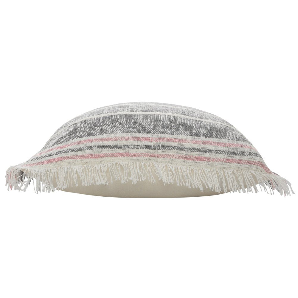 20" Gray And Pink Striped Cotton Throw Pillow Cover with Fringe