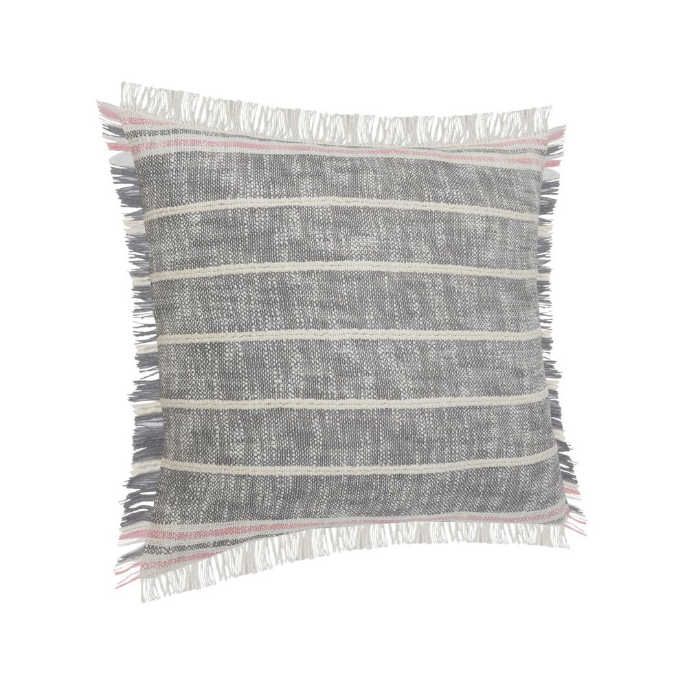 20" Gray And Pink Striped Cotton Throw Pillow Cover with Fringe