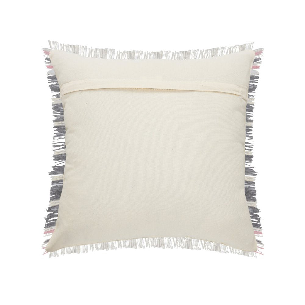 20" Gray And Pink Striped Cotton Throw Pillow Cover with Fringe