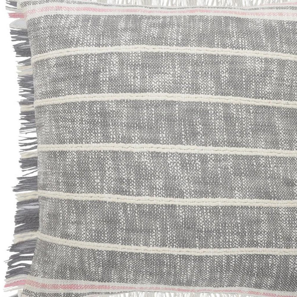 20" Gray And Pink Striped Cotton Throw Pillow Cover with Fringe