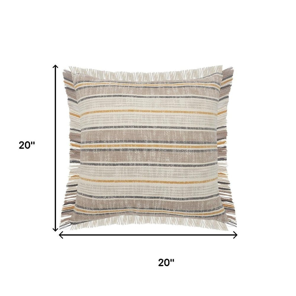 20" White And Tan Striped Cotton Throw Pillow Cover with Fringe