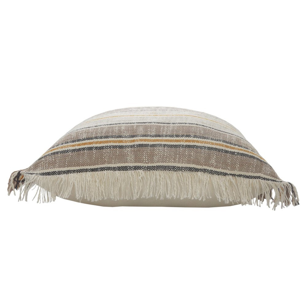 20" White And Tan Striped Cotton Throw Pillow Cover with Fringe