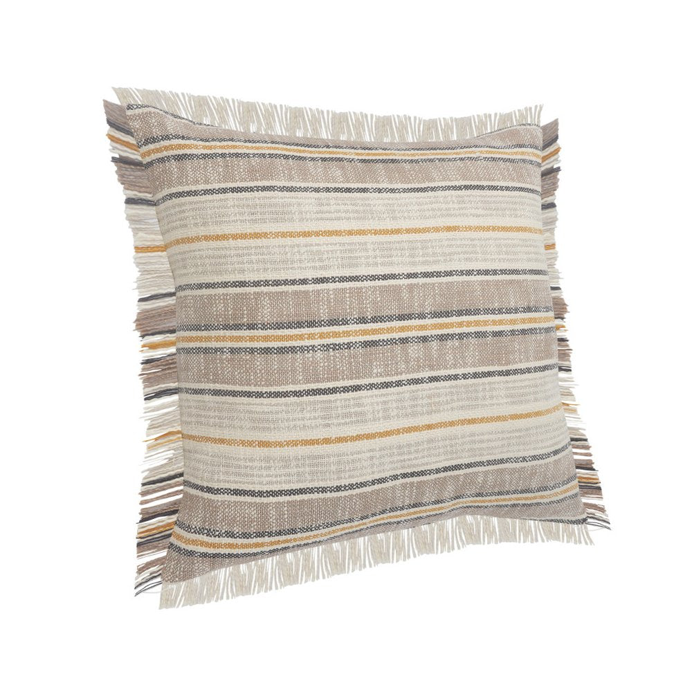 20" White And Tan Striped Cotton Throw Pillow Cover with Fringe