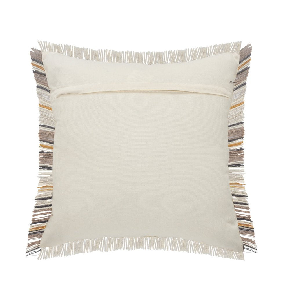 20" White And Tan Striped Cotton Throw Pillow Cover with Fringe