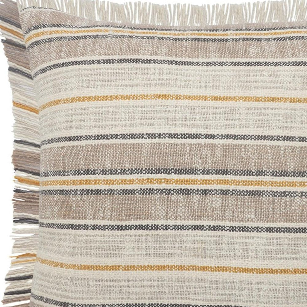 20" White And Tan Striped Cotton Throw Pillow Cover with Fringe
