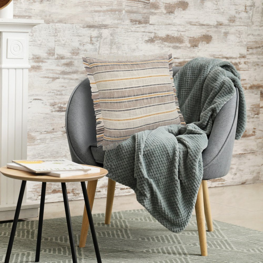 20" White And Tan Striped Cotton Throw Pillow Cover