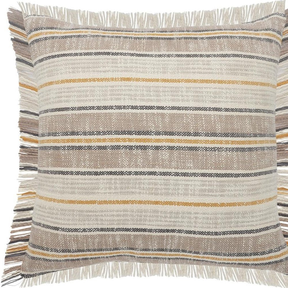 20" White And Tan Striped Cotton Throw Pillow Cover with Fringe