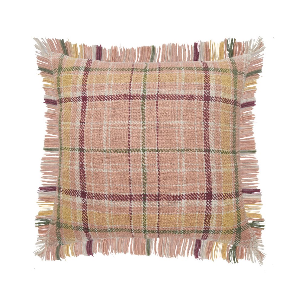 20" Pink Yellow And Sage Plaid Cotton Throw Pillow Cover with Fringe
