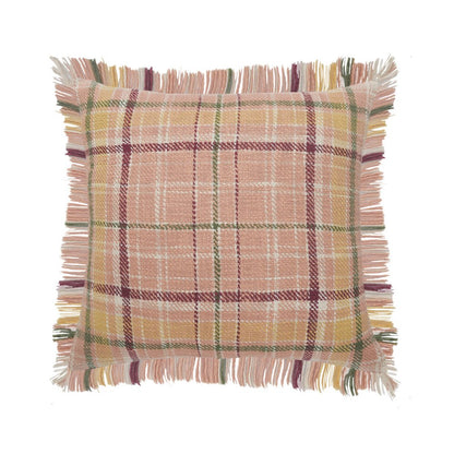 20" Pink Yellow And Sage Plaid Cotton Throw Pillow Cover with Fringe