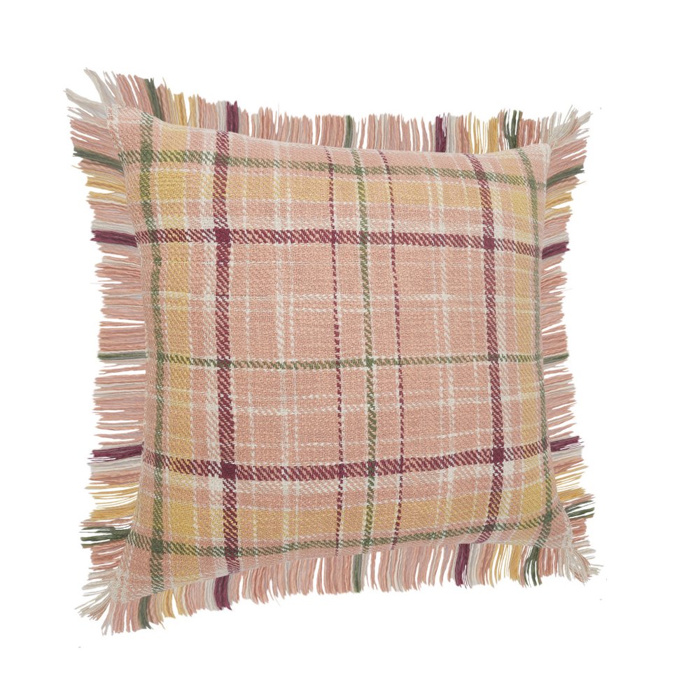 20" Pink Yellow And Sage Plaid Cotton Throw Pillow Cover with Fringe