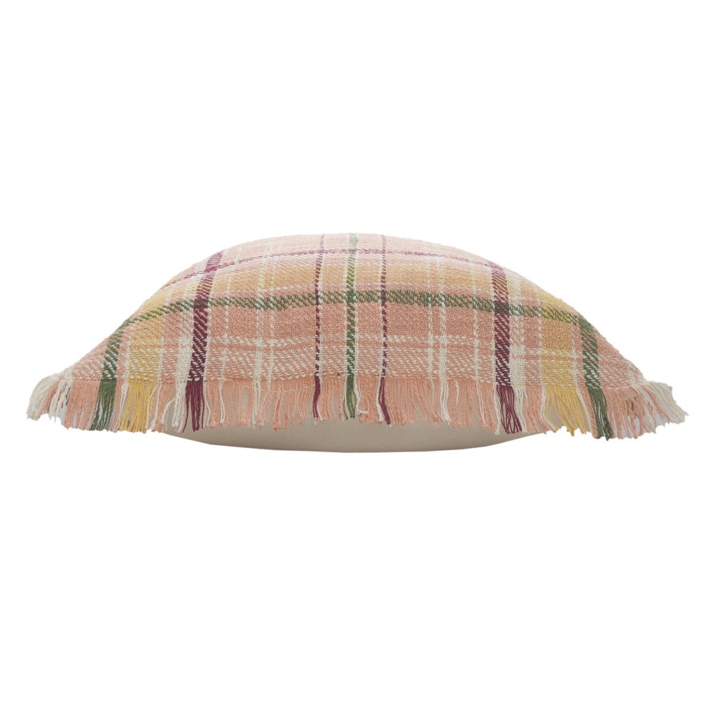 20" Pink Yellow And Sage Plaid Cotton Throw Pillow Cover with Fringe