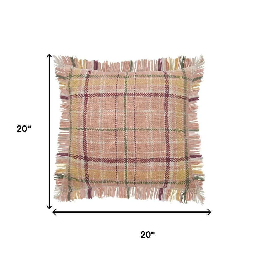 20" Pink Yellow And Sage Plaid Cotton Throw Pillow Cover with Fringe