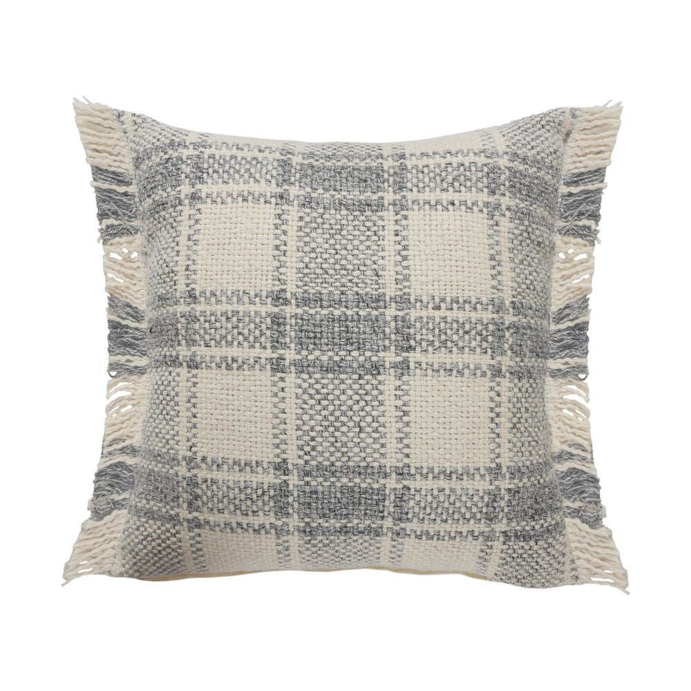 20" Gray And Ivory Plaid Cotton Blend Throw Pillow Cover with Fringe