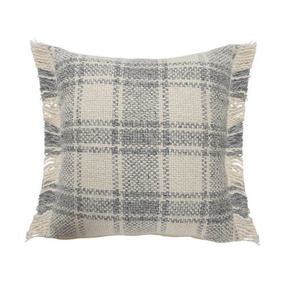 20" Gray And Ivory Plaid Cotton Blend Throw Pillow Cover with Fringe