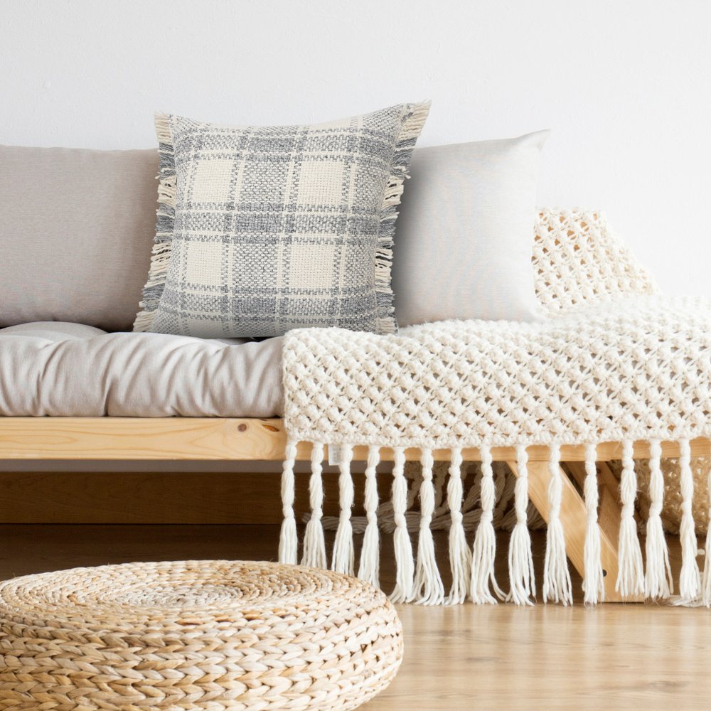 20" Gray And White Plaid Cotton Blend Throw Pillow Cover