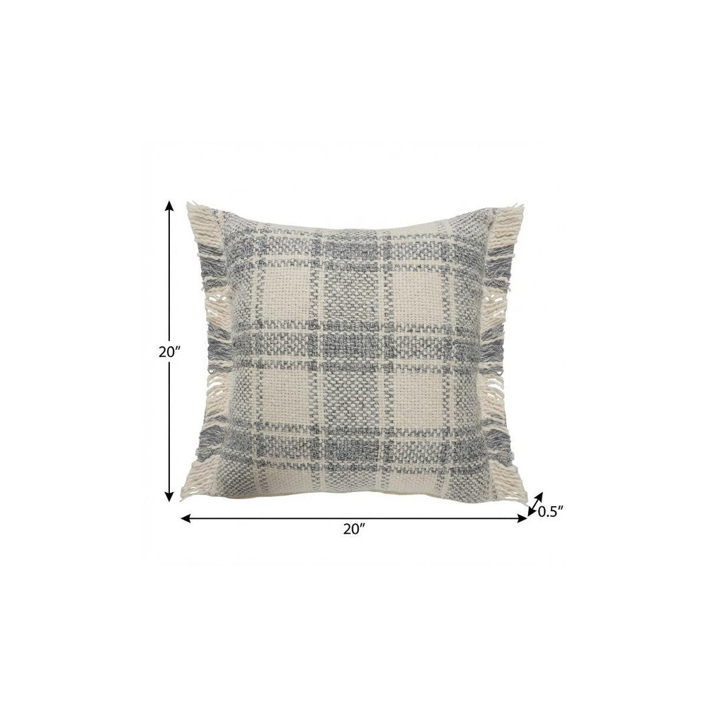 20" Gray And Ivory Plaid Cotton Blend Throw Pillow Cover with Fringe