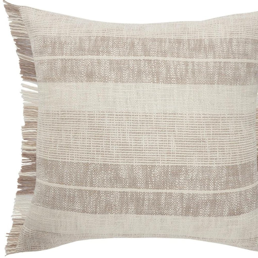 20" Beige And Ivory Striped Cotton Throw Pillow Cover with Fringe