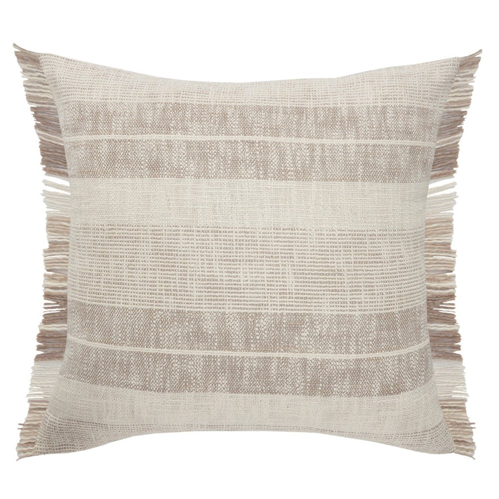 20" Beige And Ivory Striped Cotton Throw Pillow Cover with Fringe