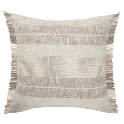 20" Beige And Ivory Striped Cotton Throw Pillow Cover with Fringe