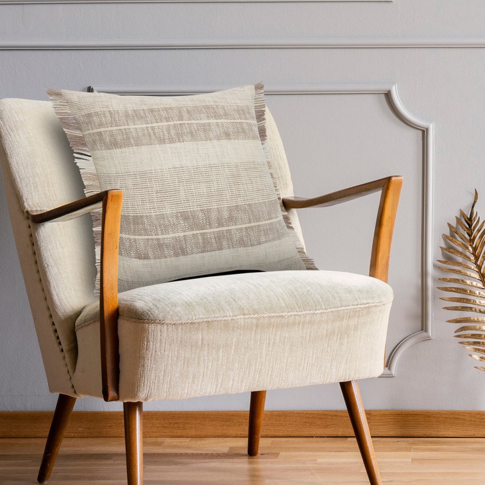 20" Beige And Ivory Striped Cotton Throw Pillow Cover with Fringe
