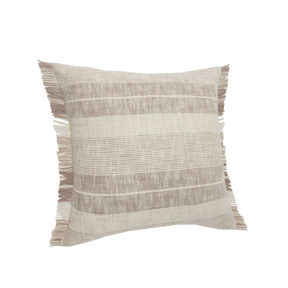 20" Beige And Ivory Striped Cotton Throw Pillow Cover with Fringe