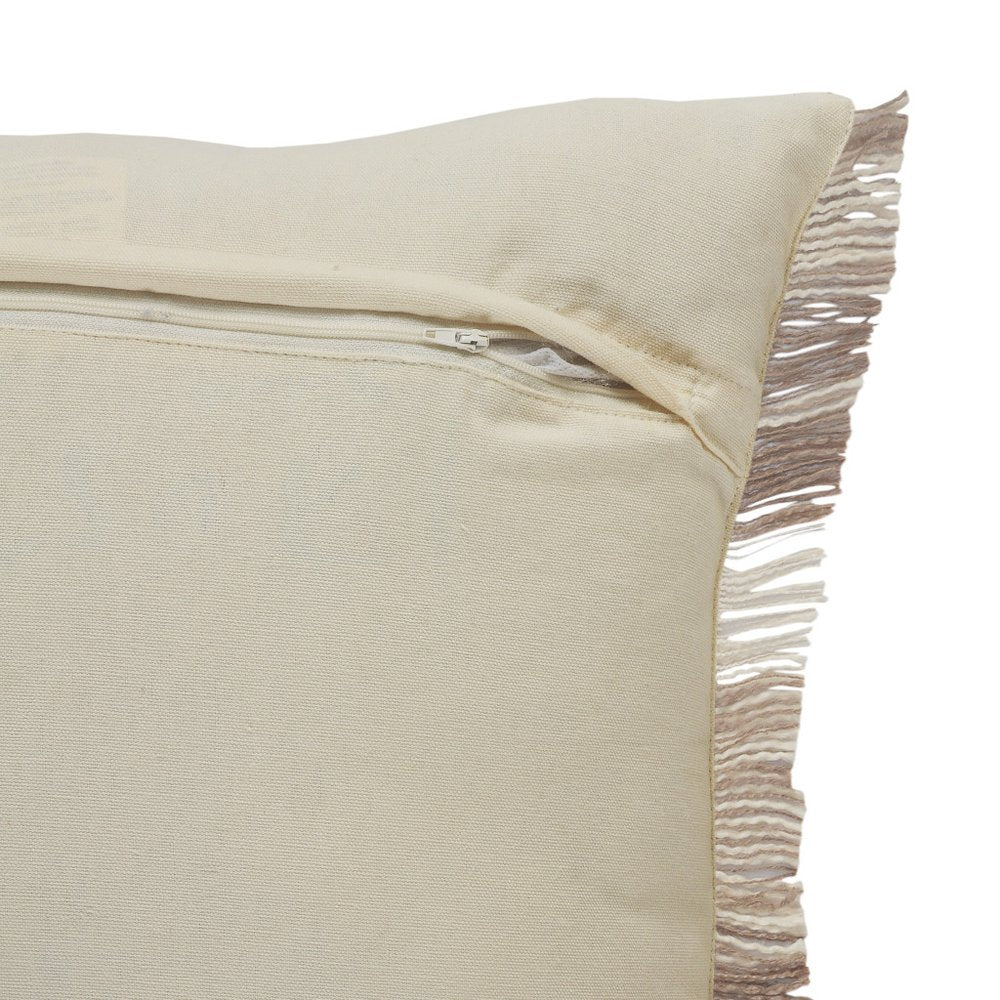 20" Beige And Ivory Striped Cotton Throw Pillow Cover with Fringe