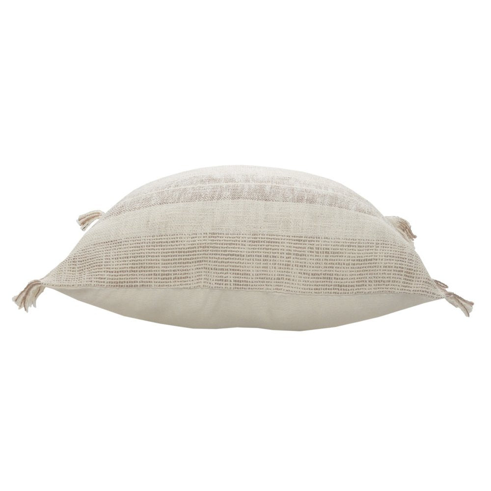 20" Beige And Ivory Striped Cotton Throw Pillow Cover with Fringe