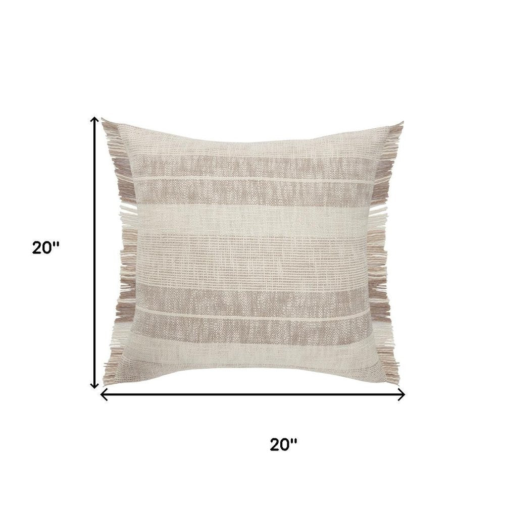 20" Beige And Ivory Striped Cotton Throw Pillow Cover with Fringe