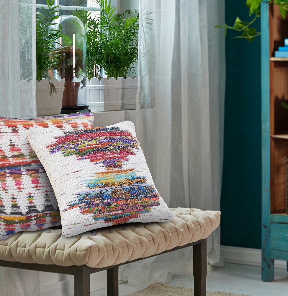 20" White Orange And Blue Geometric Cotton Throw Pillow Cover