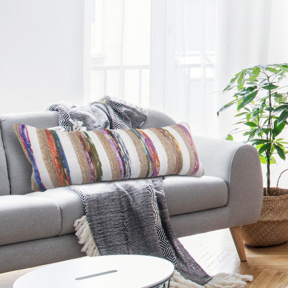 14" X 36" Tan White And Purple Lumbar Geometric Cotton Blend Throw Pillow Cover