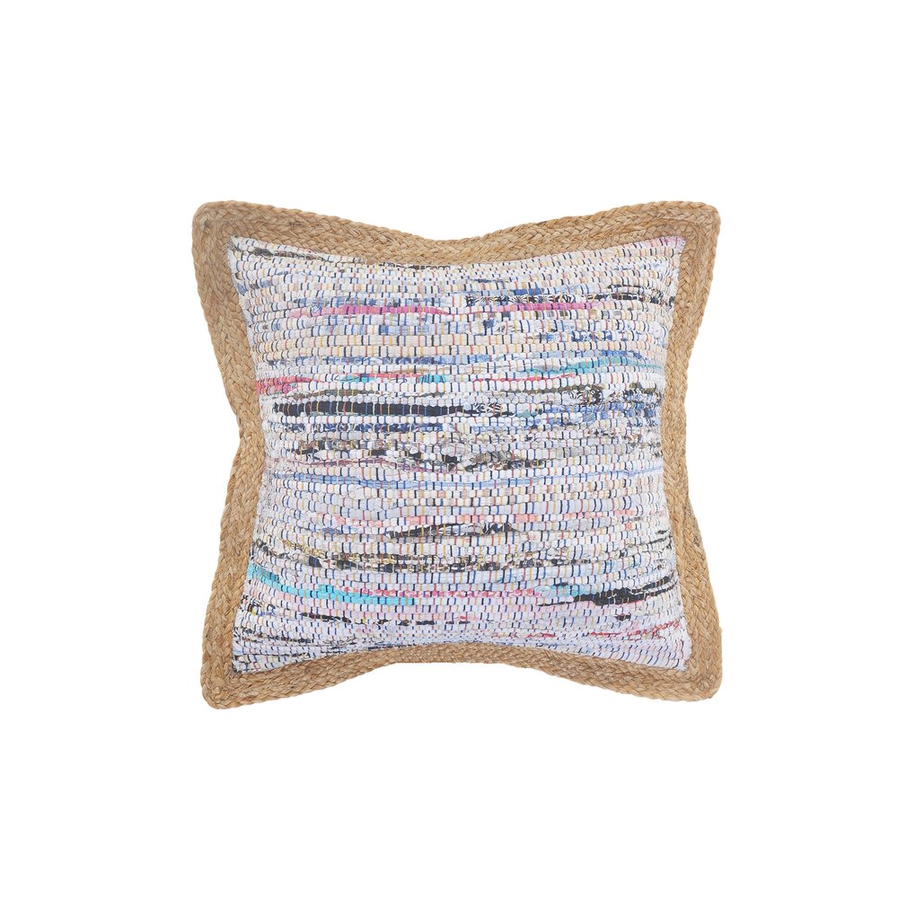 20" Tan White And Blue Beach Striped Cotton Blend Throw Pillow Cover with Texture