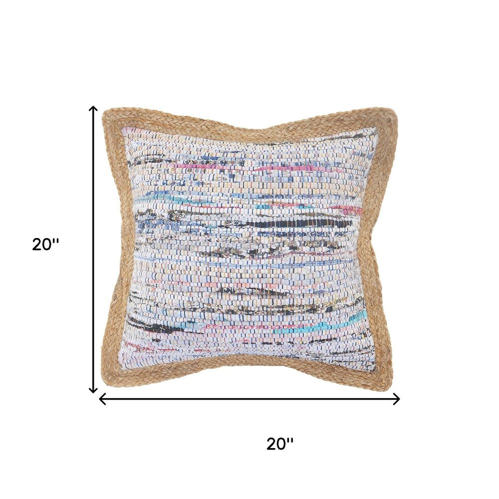 20" Tan White And Blue Beach Striped Cotton Blend Throw Pillow Cover with Texture