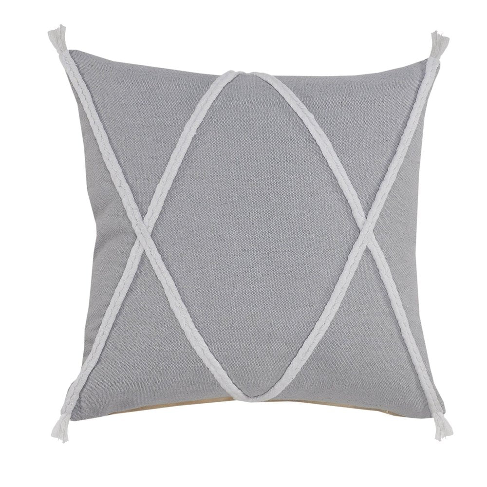 20" Gray And White Beach Geometric Cotton Throw Pillow Cover with Tufts And Texture