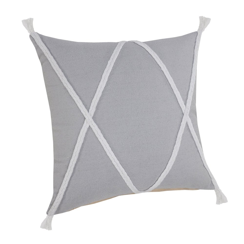 20" Gray And White Beach Geometric Cotton Throw Pillow Cover with Tufts And Texture