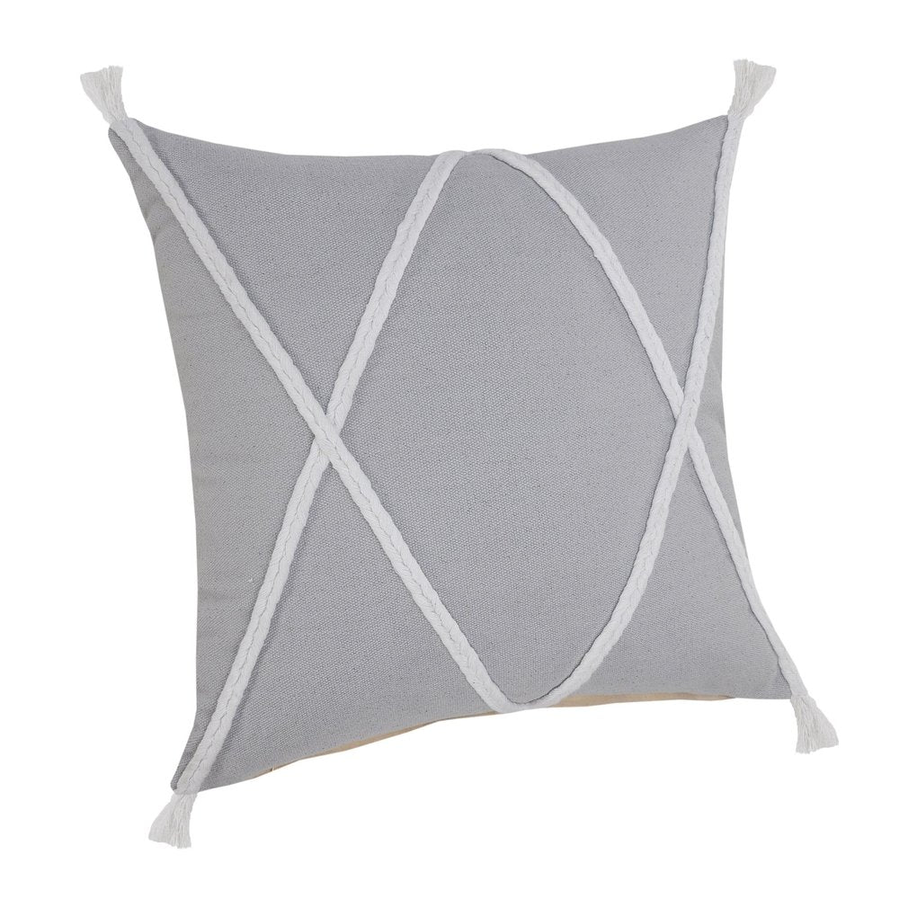 20" Gray And White Beach Geometric Cotton Throw Pillow Cover with Tufts And Texture