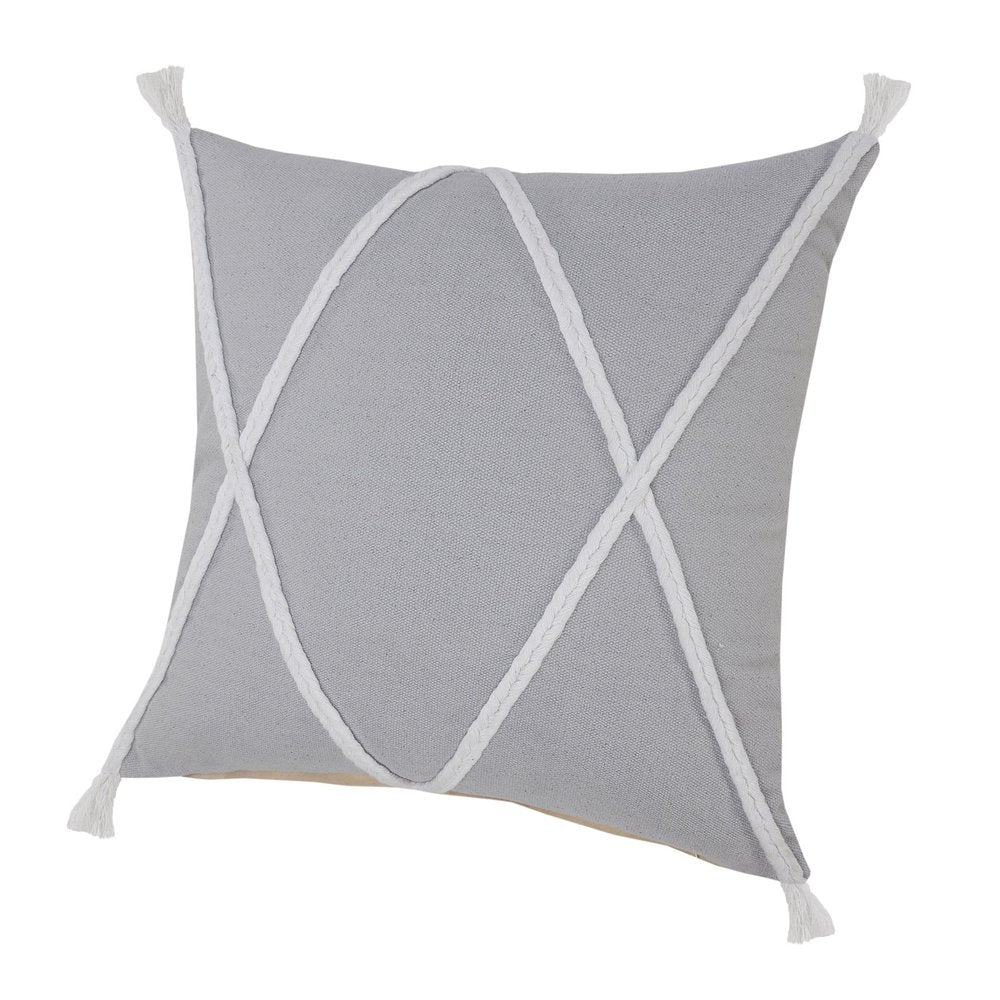 20" Gray And White Beach Geometric Cotton Throw Pillow Cover with Tufts And Texture