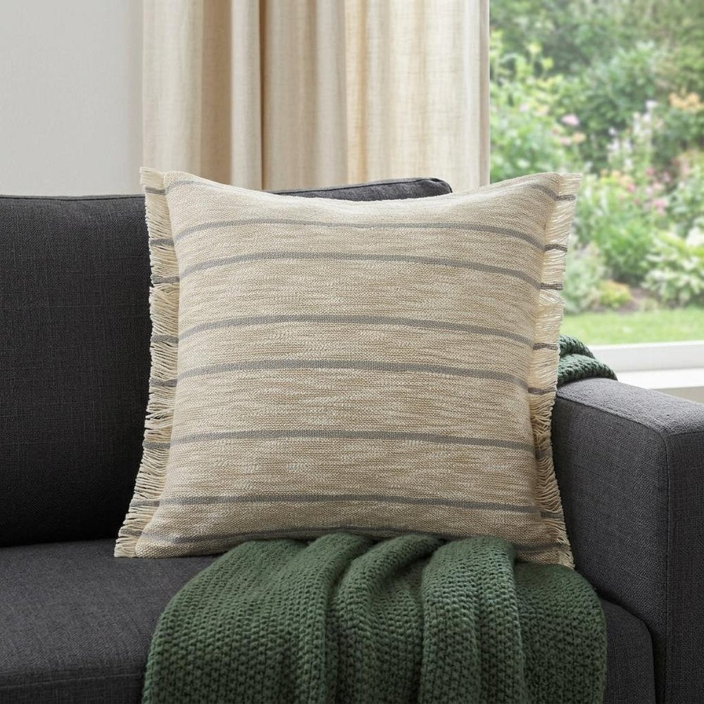 20" Tan And Gray Striped Cotton Blend Throw Pillow Cover with Fringe