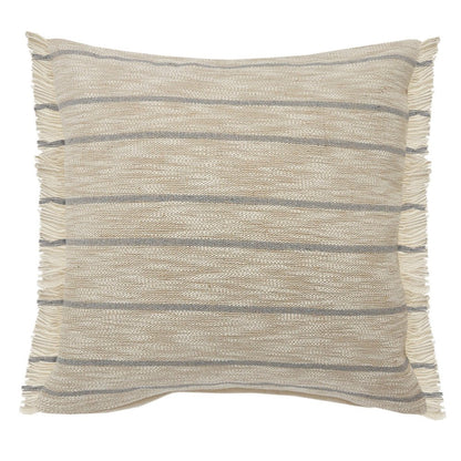 20" Tan And Gray Striped Cotton Blend Throw Pillow Cover with Fringe