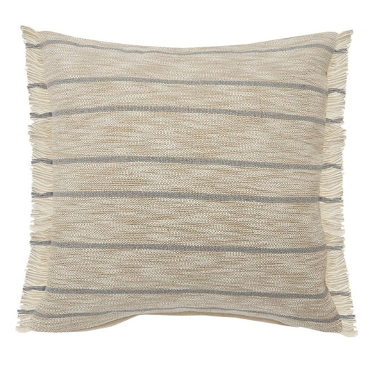 20" Tan And Gray Striped Cotton Blend Throw Pillow Cover with Fringe