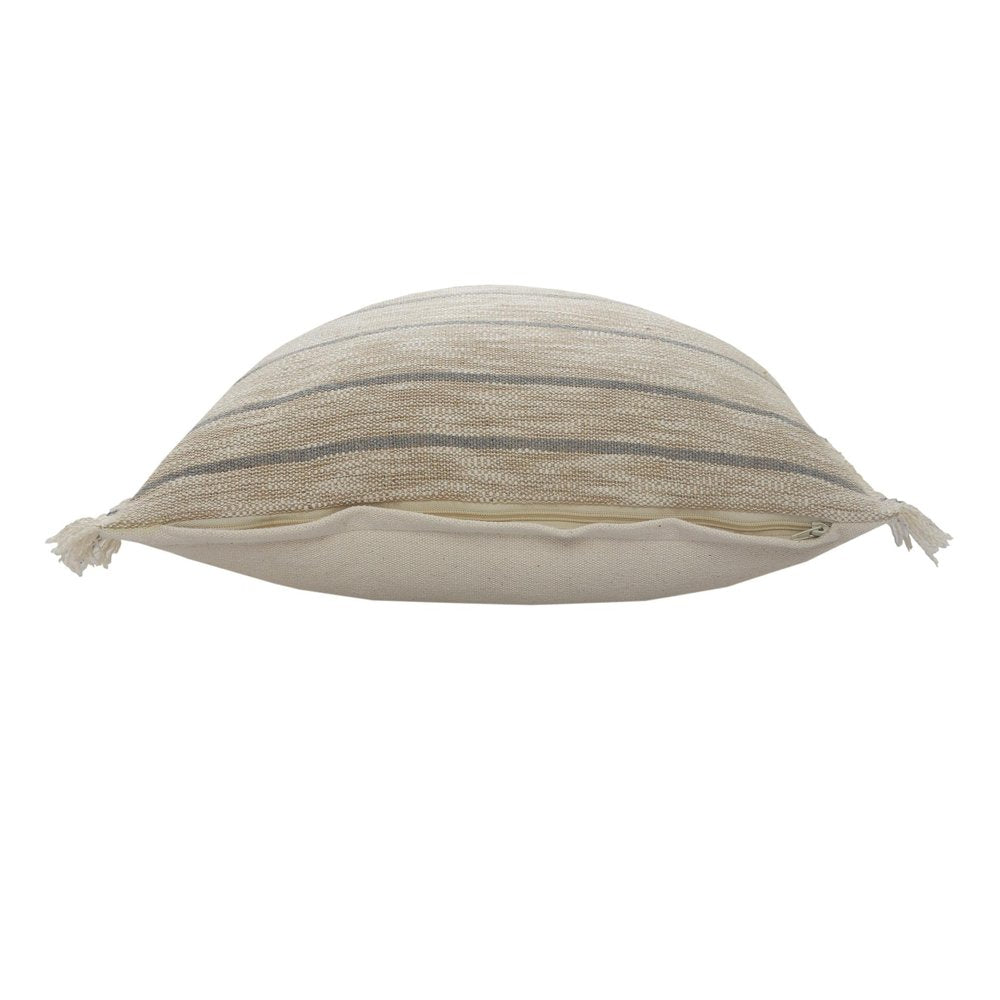 20" Tan And Gray Striped Cotton Blend Throw Pillow Cover with Fringe