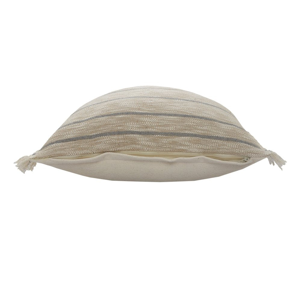 20" Tan And Gray Striped Cotton Blend Throw Pillow Cover with Fringe