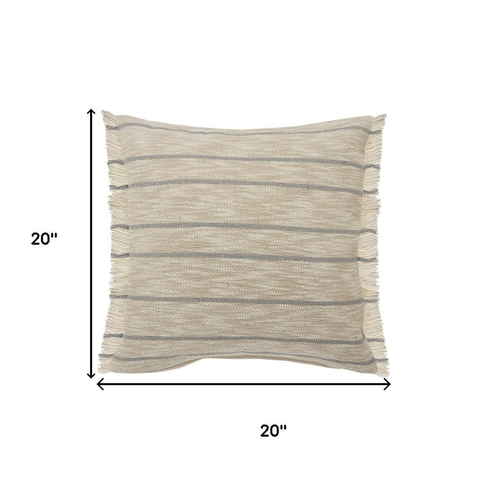 20" Tan And Gray Striped Cotton Blend Throw Pillow Cover with Fringe