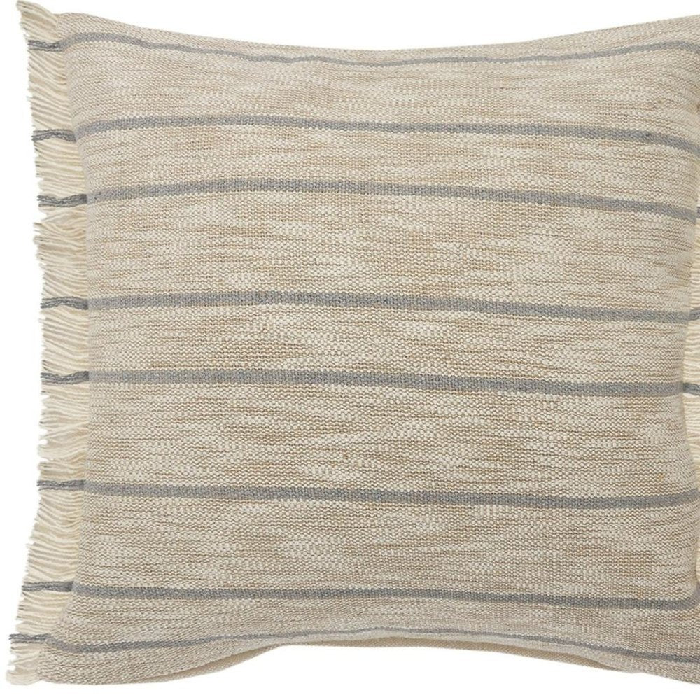 20" Tan And Gray Striped Cotton Blend Throw Pillow Cover with Fringe